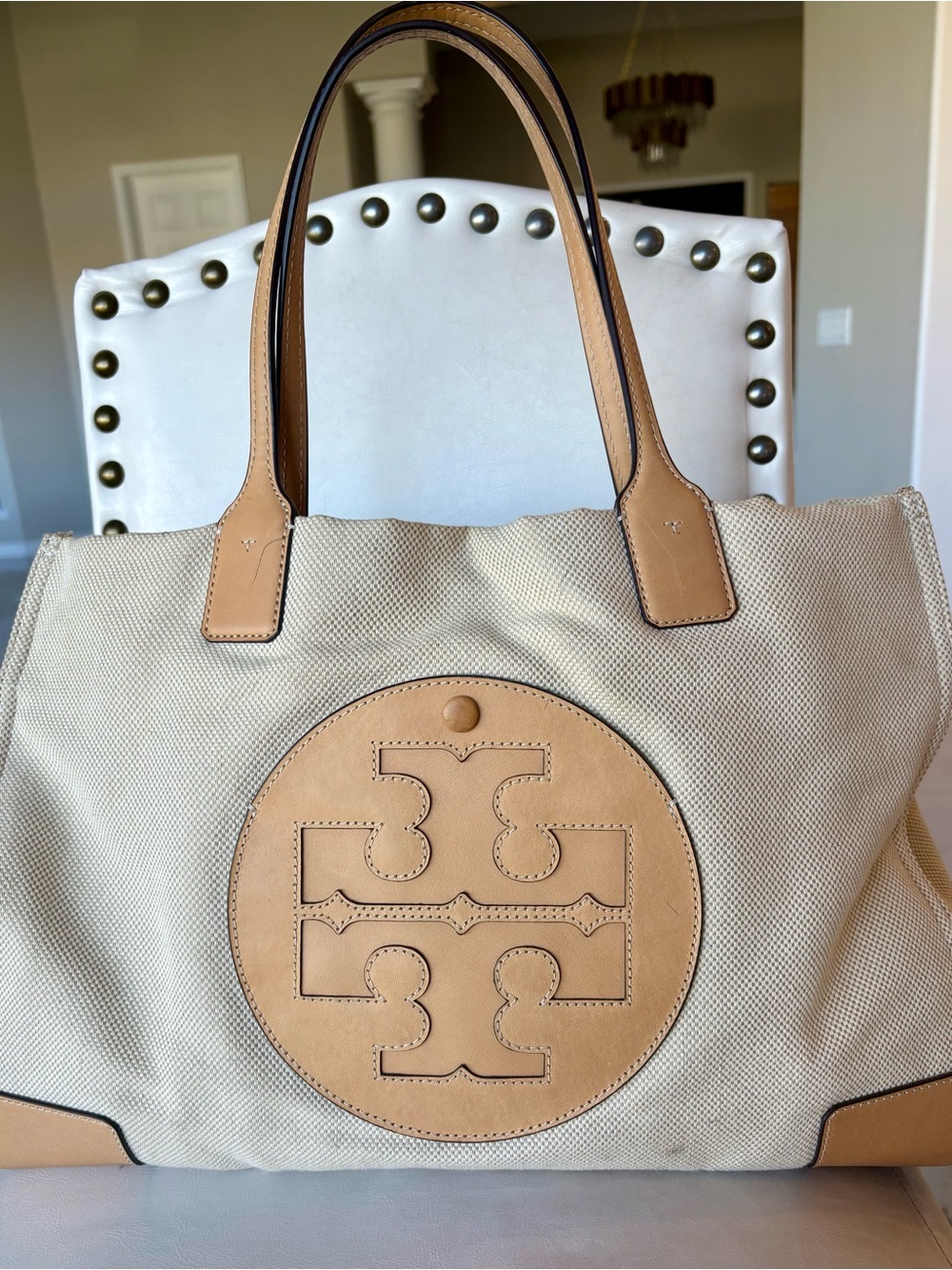 LARGE Tory Burch Ella Natural Canvas Tote with Tan Leather Trim Bag